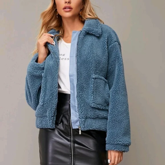 SheIn Zip Up Blue Teddy Spring Jacket - Picture 3 of 10